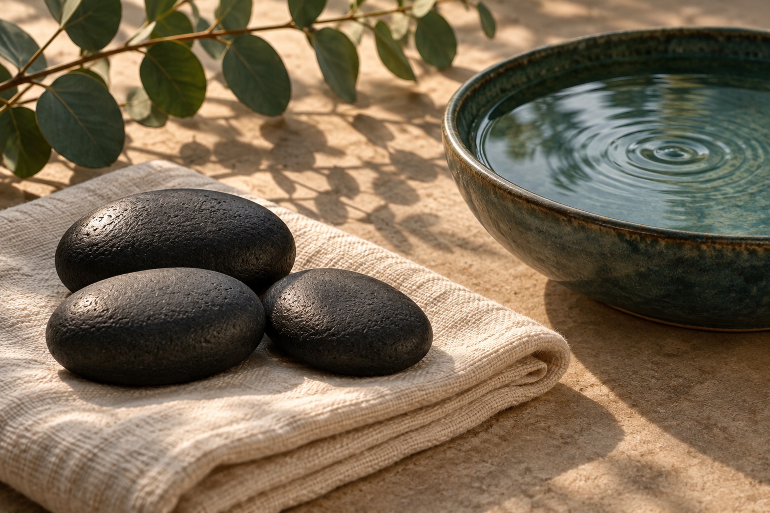 Illustrative still life of basalt stones, linen and a ceramic water bowl